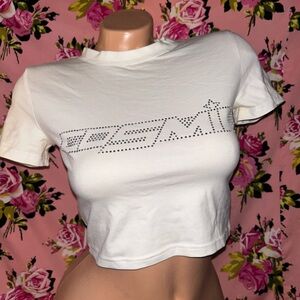 White Studded Logo Crop Tee - Women